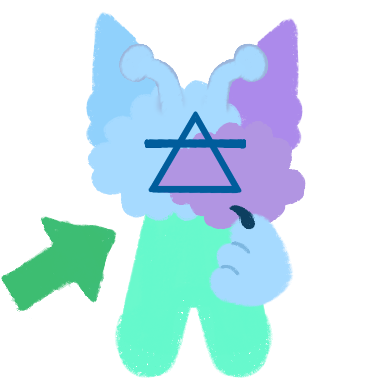 a cloud-like creature that's blue and purple on the face has antenna and ears, and has a teal body, with an alchemical triangle symbol on the face it has a blue paw on the right pointing to aerself and a green arrow pointing to aer.